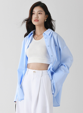 The Middle蓝色双领衬衣女长袖通勤宽松衬衫喇叭袖高级感百搭通勤