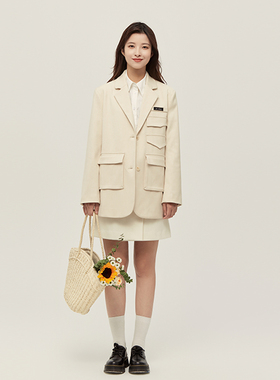 The Middle米白色学院风羊毛西装外套多口袋工装外套春秋季新品