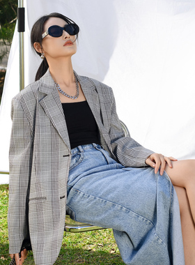 The Middle威尔士格纹廓形垫肩西装休闲显瘦长袖外套休闲气质