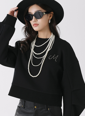 The Middle烫钻字母卫衣黑色短款廓形套头上衣小众设计师款