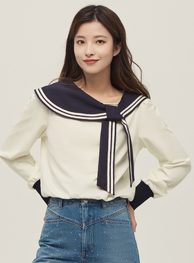 The Middle藏蓝色复古海军领撞色长袖针织衫系带减龄学院风小个子