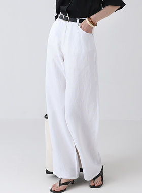 The Middle白色棉麻直筒裤女春夏宽松休闲垂感拖地阔腿长裤子