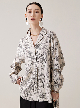 The Middle古巴领印花衬衫丝滑人棉垂感飘逸高级感前短后长松弛感