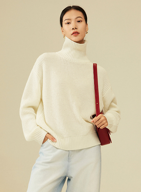 The Middle精纺美利奴羊毛高领毛衣华夫格编织提花立体显瘦米白色