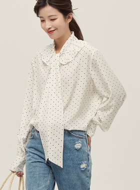 The Middle法式波点飘带长袖衬衣女防皱设计感蝴蝶结衬衫春季新品