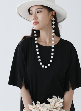 TheMiddle后背镂空T恤裙经典圆领宽松中长款短袖开叉连衣裙长绒棉