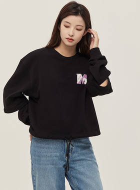 The Middle植绒字母黑色圆领宽松卫衣女镂空休闲宽松上衣抽绳