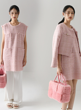 The Middle粉色小香风连衣裙粗花呢背心无袖针织裙子春秋季新品