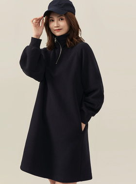 The Middle立领拉链加绒卫衣裙女藏蓝色美式复古卫衣连衣裙春季新