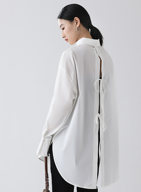 The Middle后背系带白色衬衣尖领廓形宽松长袖衬衫设计感时髦通勤
