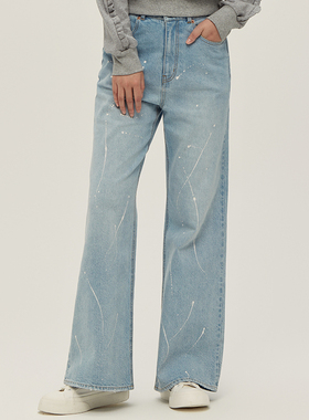 The Middle三色重工水洗撞色印花牛仔裤女复古高腰长裤春季新品