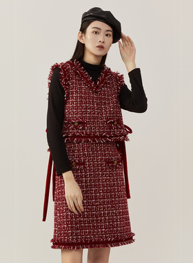 The Middle法式勃朗姆红粗花呢小香风马甲半身裙2023春季新品套装