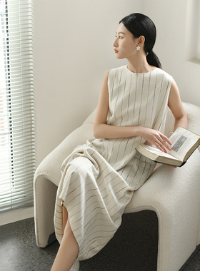 TheMiddle条纹垂感棉麻无袖背心裙女法式夏季宽松显瘦连衣裙a字裙