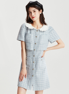 The Middle小香风连衣裙假两件蓝色羊毛粗花呢裙可拆卸领俏皮春季