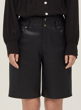 The Middle黑色高腰直筒pu短裤女环保高级小羊皮质感显瘦五分裤潮