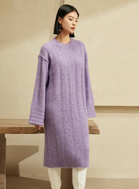 The Middle紫色精纺羊毛针织连衣裙抗起球H版直筒圆领微绒长毛衣