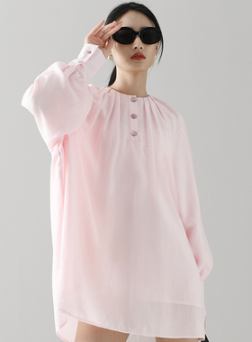 The Middle粉色天丝连衣裙灯笼袖设计感上衣垂感衬衫宽松显瘦