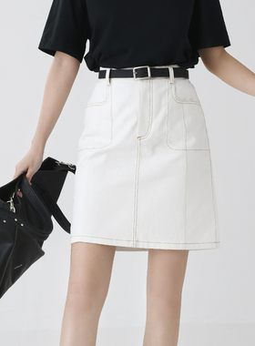 TheMiddle白色牛仔半身裙女a字高腰撞色半裙显瘦百搭梨型身材短裙