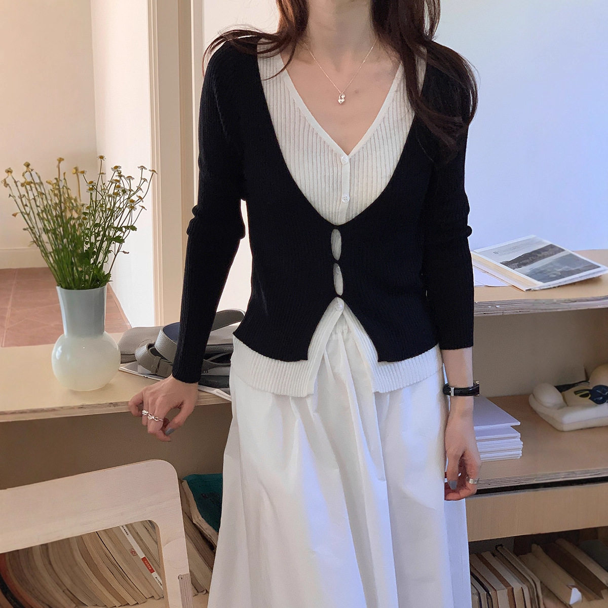 撞色假两件针织衫女春季2026毛针织衫