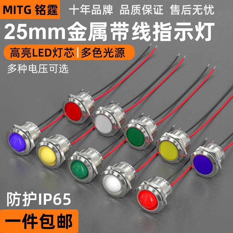 25mm金属指示灯LED带线防水电源信号灯设备汽车改装工作灯24v220v