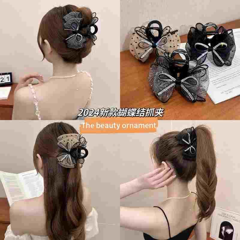 韩国水钻波点网纱蝴蝶结抓夹女后脑勺高马尾发夹半扎鲨鱼夹子发卡