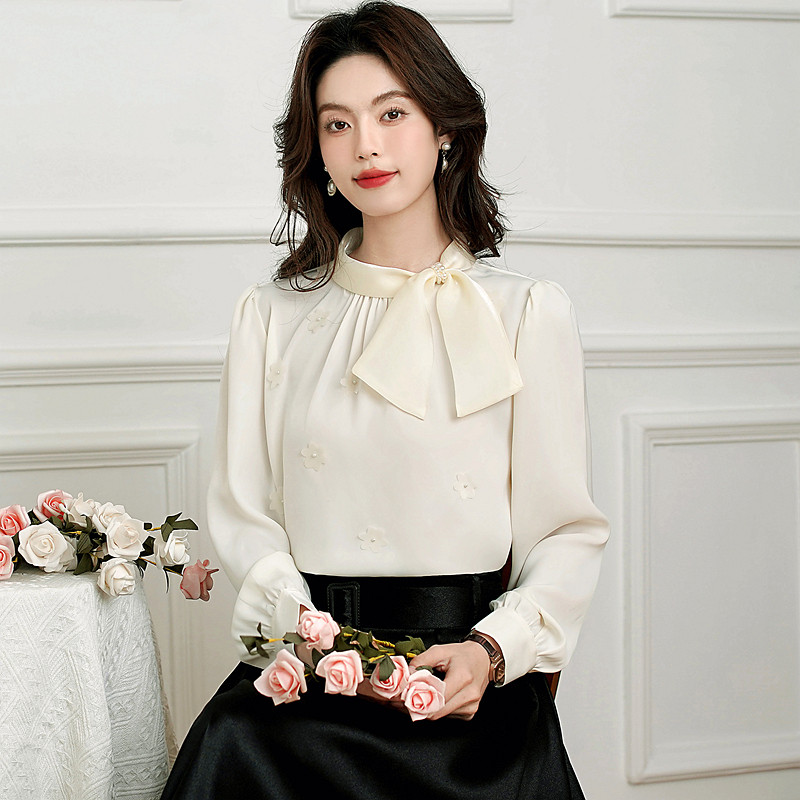 2025新款韩国气质立领系带花朵钉珠纯色套头雪纺衫女春秋薄款上衣