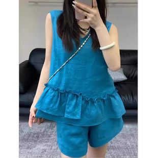 新款 設(shè)計感V領(lǐng)亞麻荷葉邊上衣闊腿短褲 套裝 女夏季 氣質(zhì)兩件套 時尚