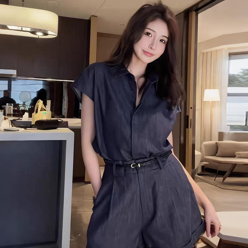 现货2025女夏季新款今年流行亚麻衬衫套装牛仔短袖衬衫短裤两件套