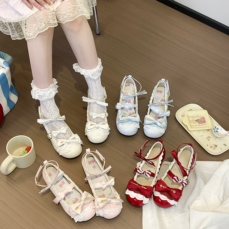 甜美可爱原创lolita鞋子女粗跟花玲季lo鞋中跟洛丽塔玛丽珍小皮鞋