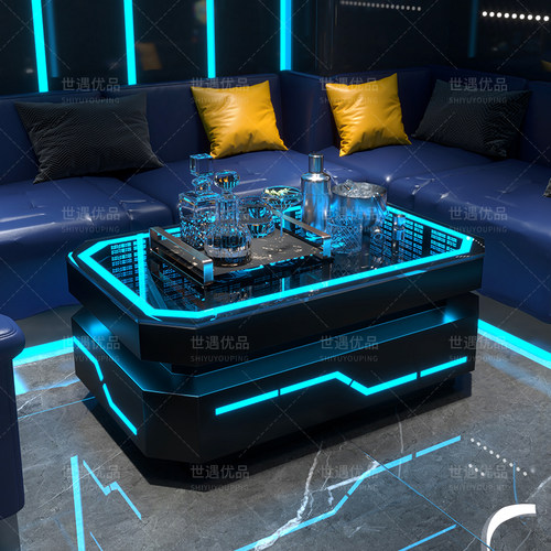 新款3D全息投影KTV发光茶几深渊镜科技感轻奢酒吧桌钢化玻璃定制