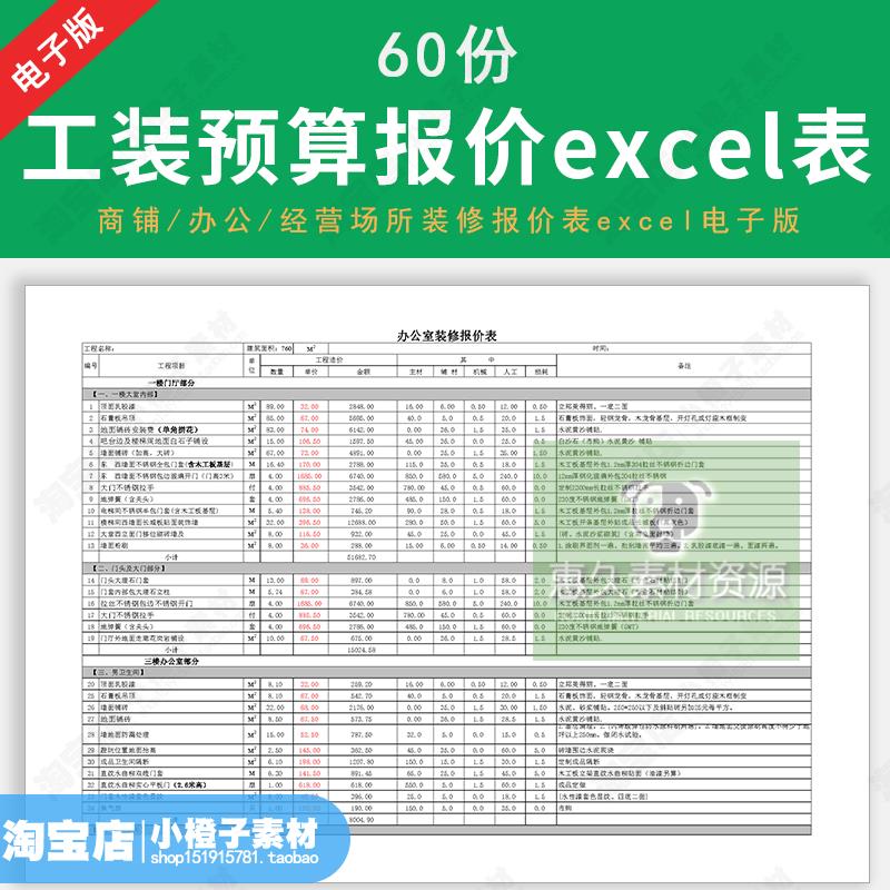 工装工程装修预算报价表商铺办公室楼实体店装修费用明细excel表