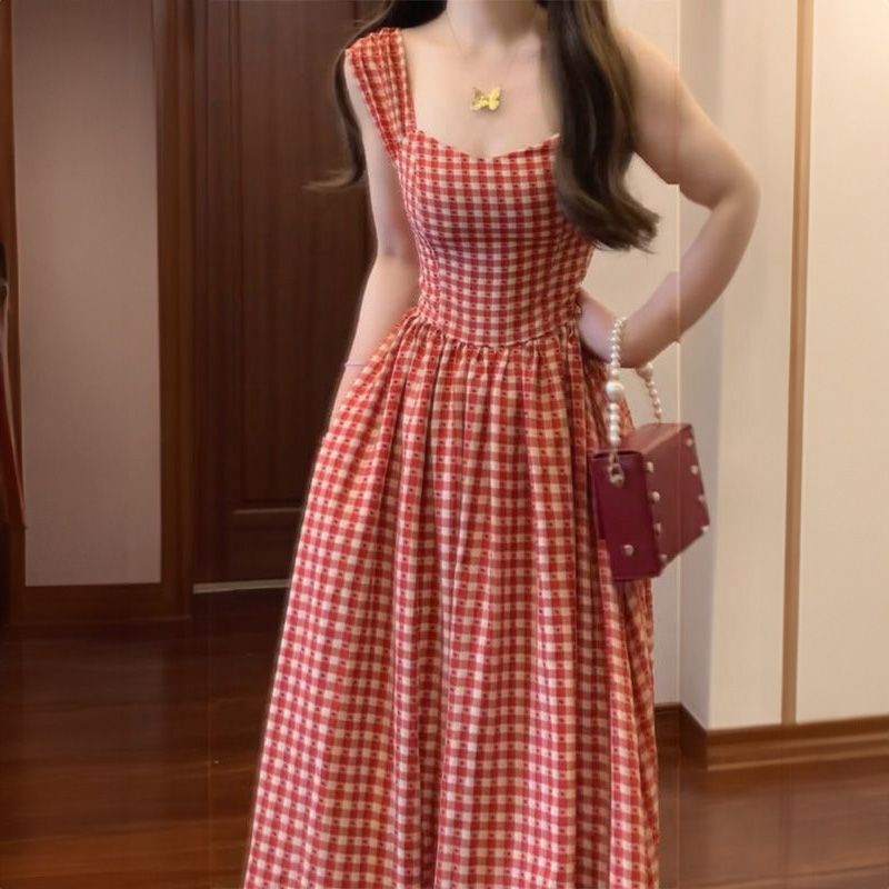 无袖涤纶显瘦红格子气质绑带收腰