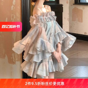 设计感荷叶边气质短裙子 甜美一字肩吊带裙抹胸连衣裙女2025夏新款