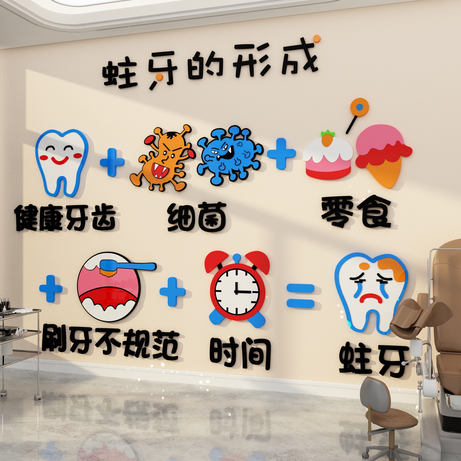 儿童口腔牙科诊所室墙面装饰形象背景前台玻璃宣传文化墙贴纸挂画图片