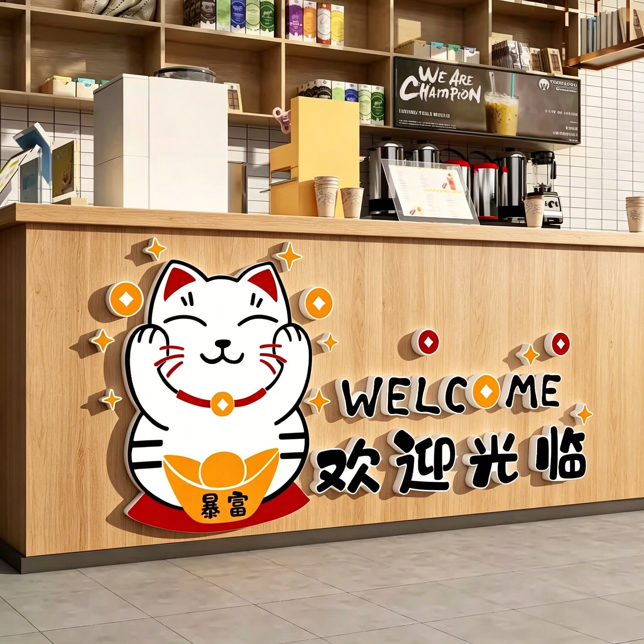 收银吧前台装饰奶茶店咖啡墙面招财猫网红贴纸画欢迎光临翻新自粘