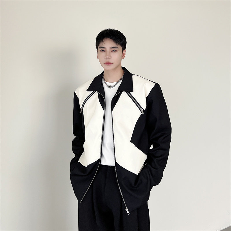25潮流黑白拼皮设计感拉链夹克P105图片