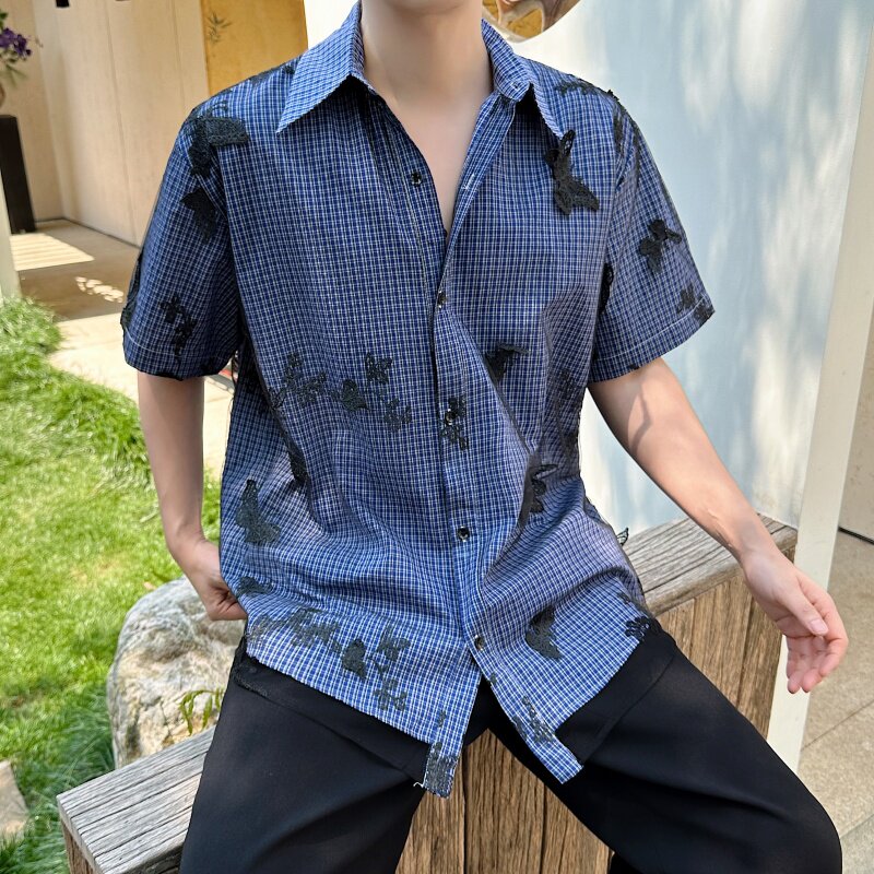 25新款原创设计真两件蝴蝶网纱衬衫立体蝴蝶男女同款衬衫短袖P95,男装T恤,星座1111（原C206）