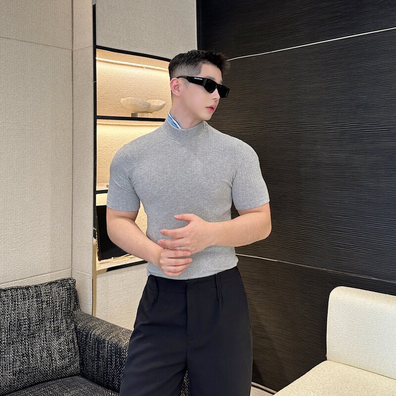 25夏季新款舒适紧身纯色短袖T恤百搭半高领高级感打底P55,男装T恤,星座1111（原C206）