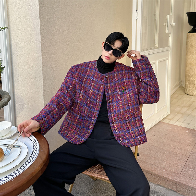 小香风复古圆领紫色粗花呢夹克外套男女同款金属爱心装饰P185，男装夹克，星座1111（原C206）