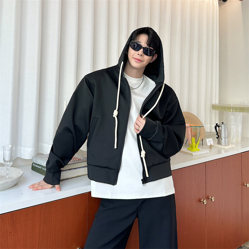 秋冬纯色连帽基础款卫衣重磅宽松开衫外套手工编绳潮流设计感P125图片