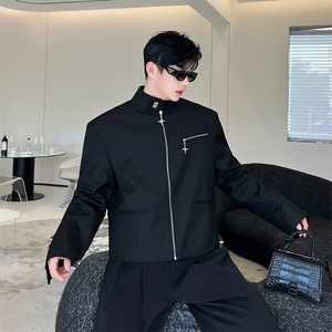 韩版短款精致拉链小夹克新中式金属拉链立体垫肩西装外套P130