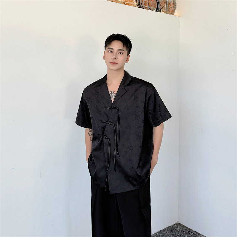 夏季新中式暗黑盘扣短袖衬衫设计感男女同款P85，男装衬衫，星座1111（原C206）