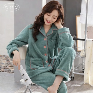 法兰绒加厚加绒家居服套装 珊瑚绒睡衣女秋冬款 日本むいひ轻奢