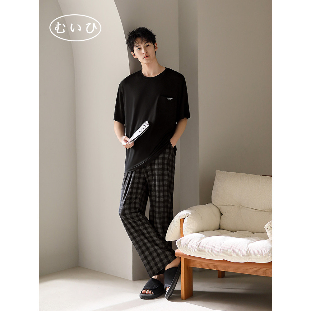 【日本むいひ轻奢】睡衣男士夏莫代尔家居服短袖长裤格子休闲套装