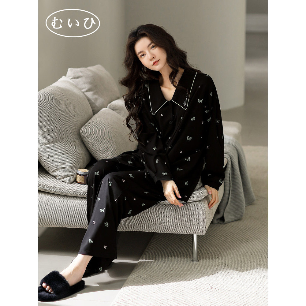 【日本むいひ轻奢】春秋款莫代尔家居服蝴蝶睡衣女款薄款冰丝套装