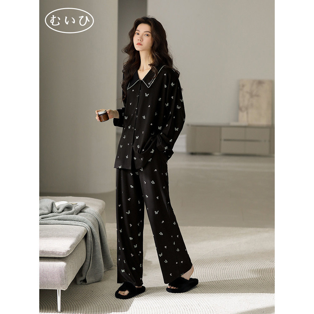 【日本むいひ轻奢】蝴蝶睡衣女款春秋款莫代尔家居服薄款冰丝套装