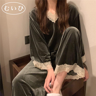 甜美长袖 新款 金丝绒睡衣女秋季 蕾丝高级家居服 日本むいひ轻奢