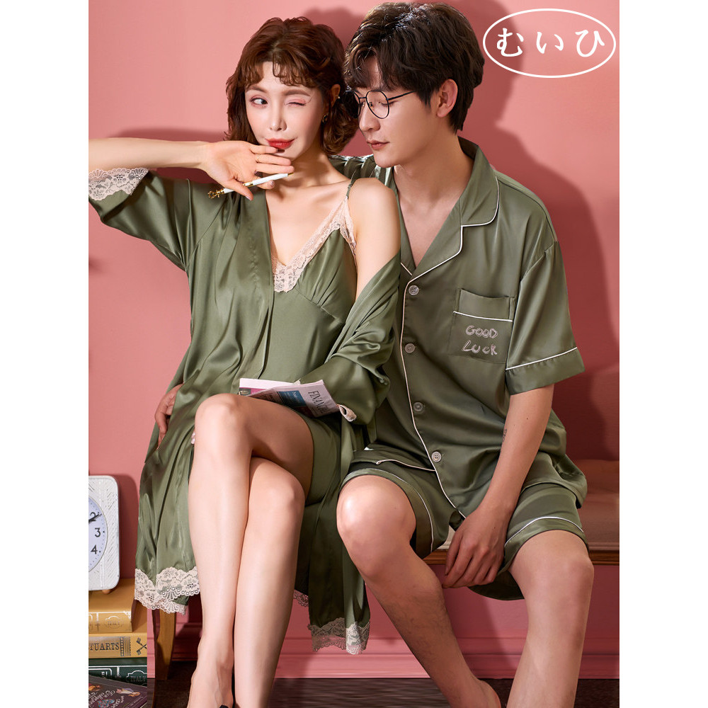 【日本むいひ轻奢】冰丝情侣睡衣女夏季性感吊带裙睡袍薄款短袖男