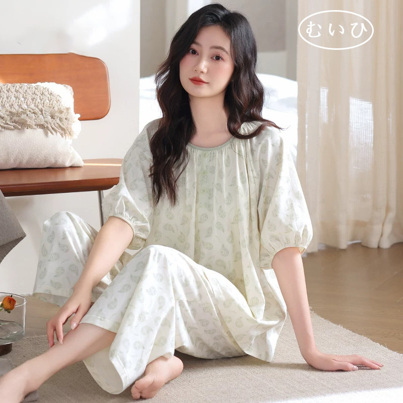 【日本むいひ轻奢】睡衣女夏季纯棉长裤薄款宽松半袖高级感家居服