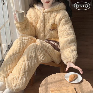 加厚加绒法兰绒家居服 网红珊瑚绒睡衣女秋冬季 日本むいひ轻奢